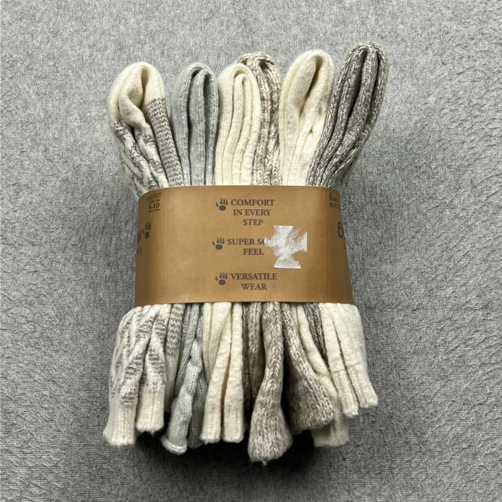 NEW Bearpaw Boot Socks Womens 4-10 Ivory Marled Cable Knit Ski Cabin 6 Pair Pack